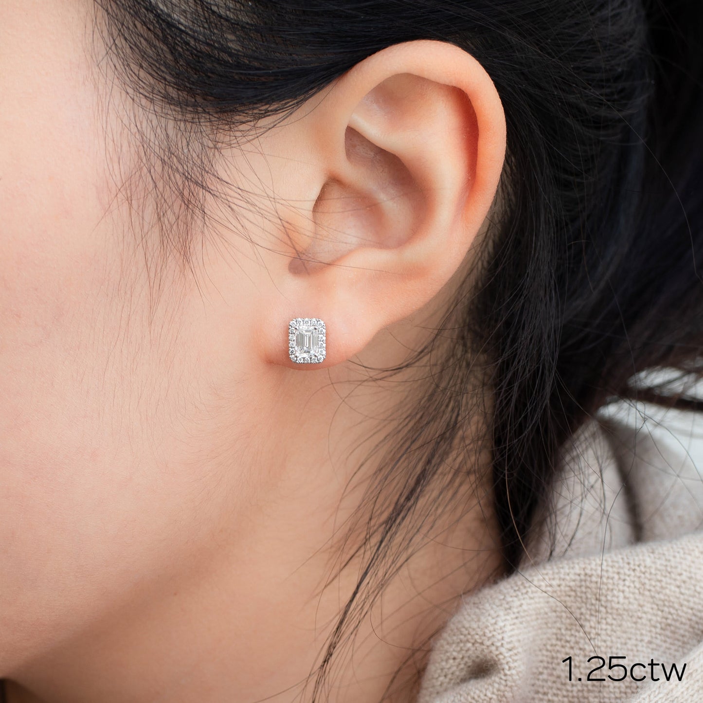 Halo Stud Earrings with 1.25 CT-1.75 CT Emerald Cut Moissanite