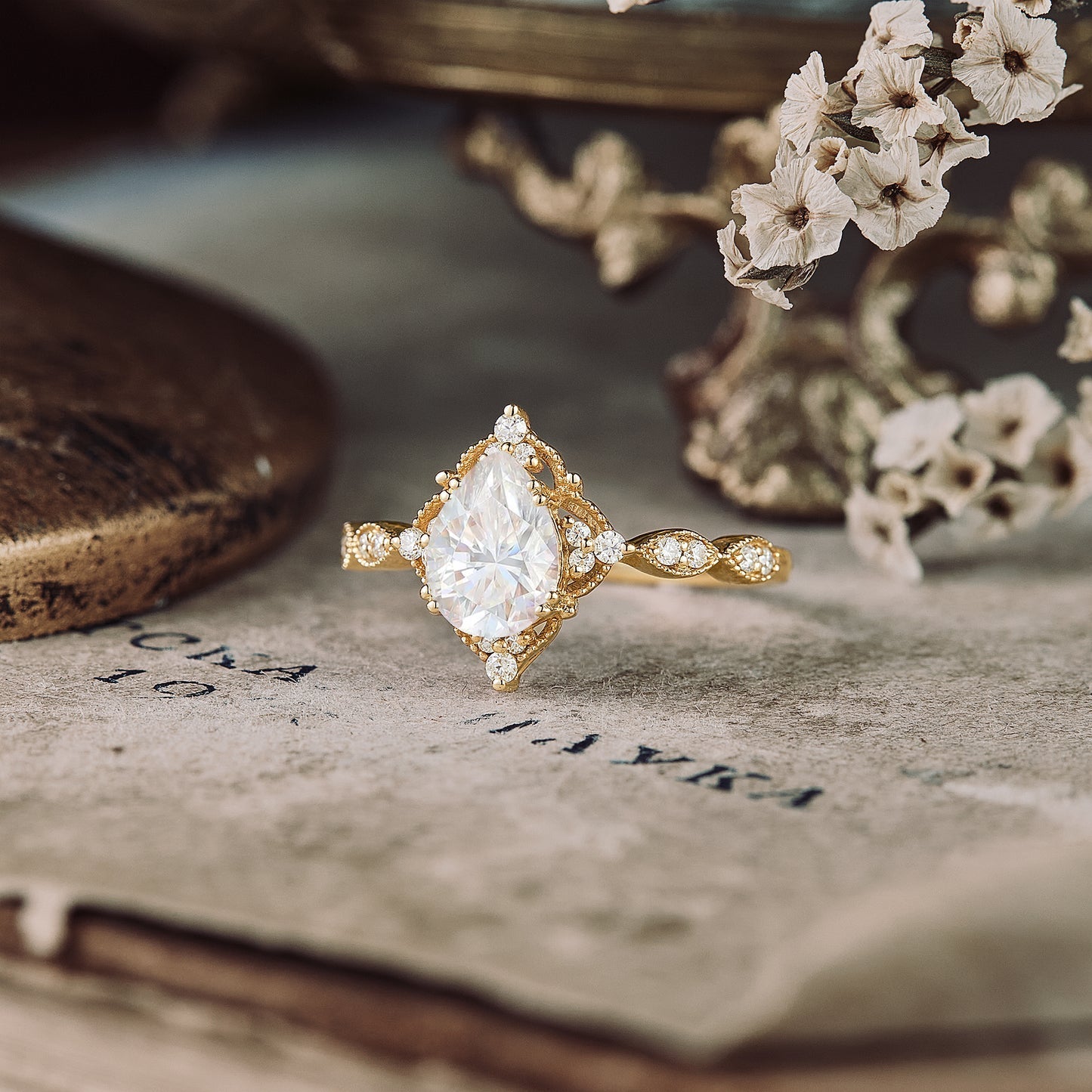 Moissanite diamond pear shape vintage engagement ring