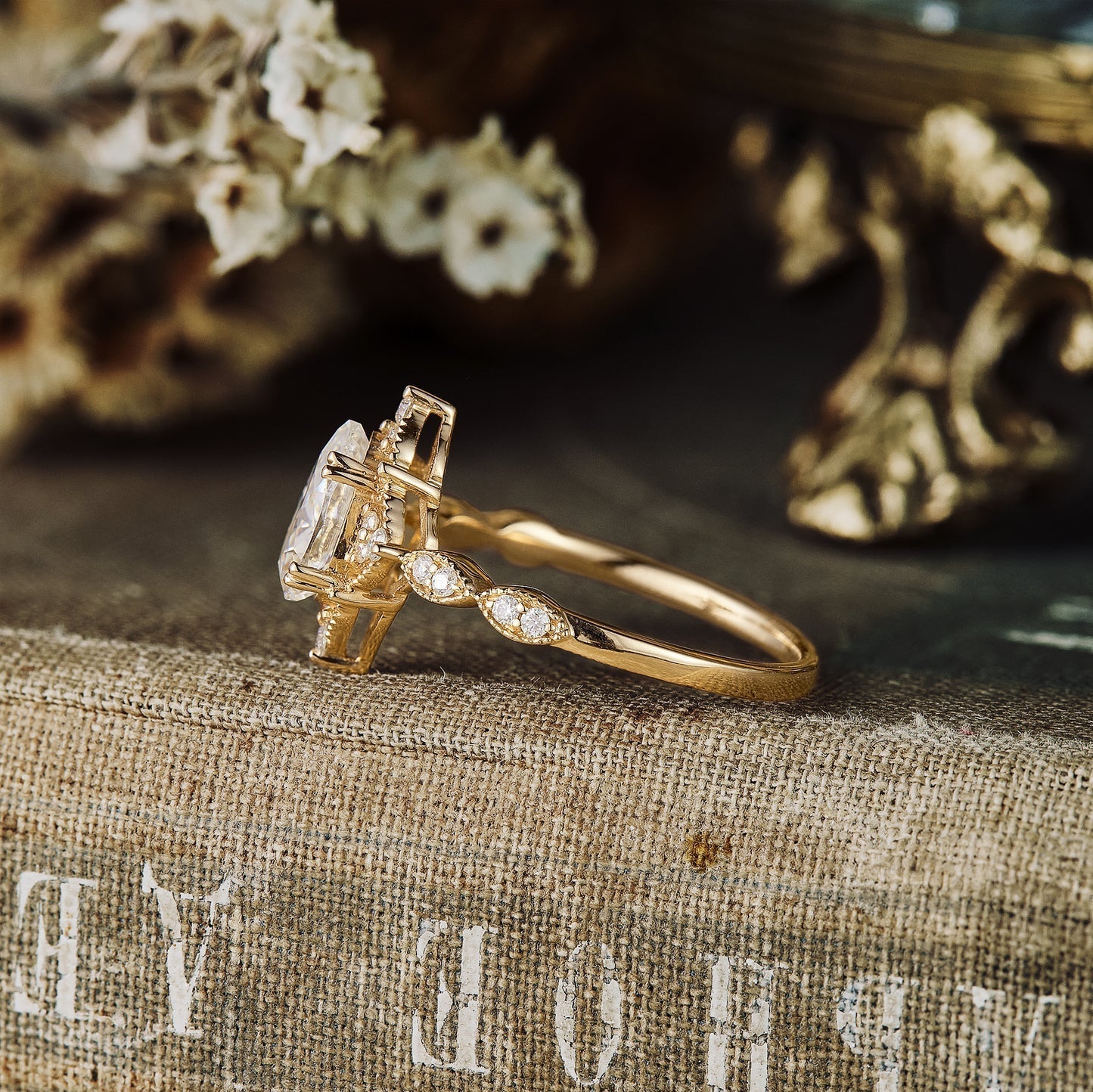 Moissanite diamond pear shape vintage engagement ring
