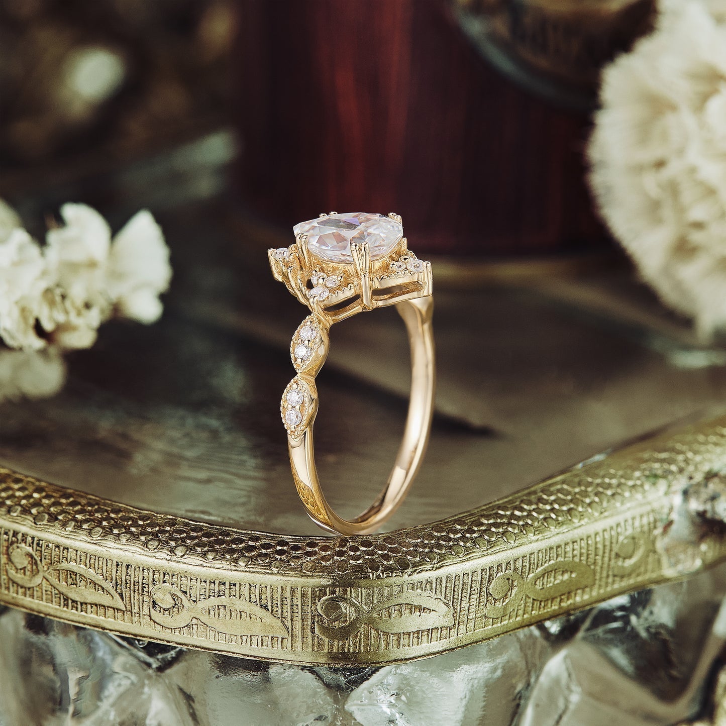 Moissanite diamond pear shape vintage engagement ring