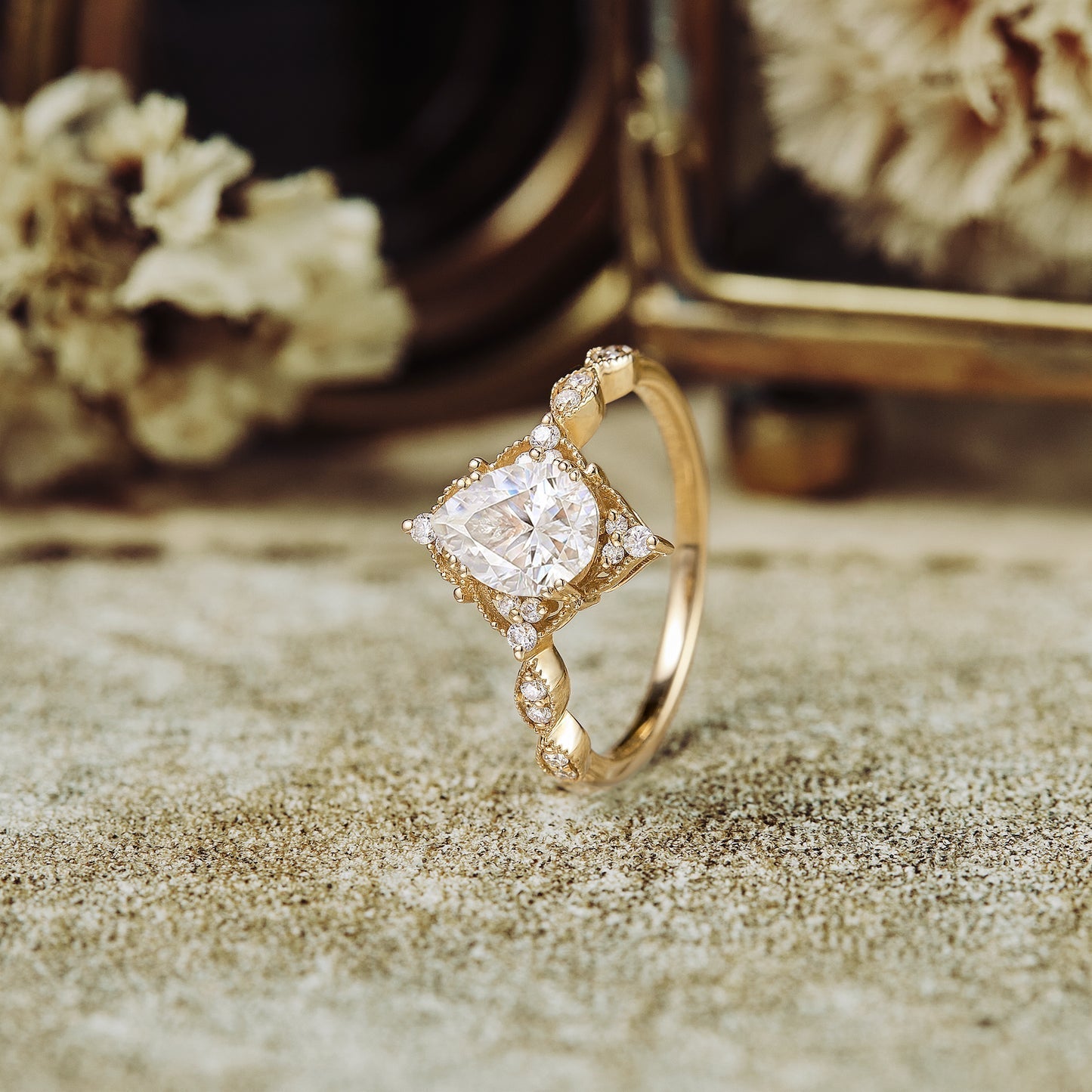 Moissanite diamond pear shape vintage engagement ring
