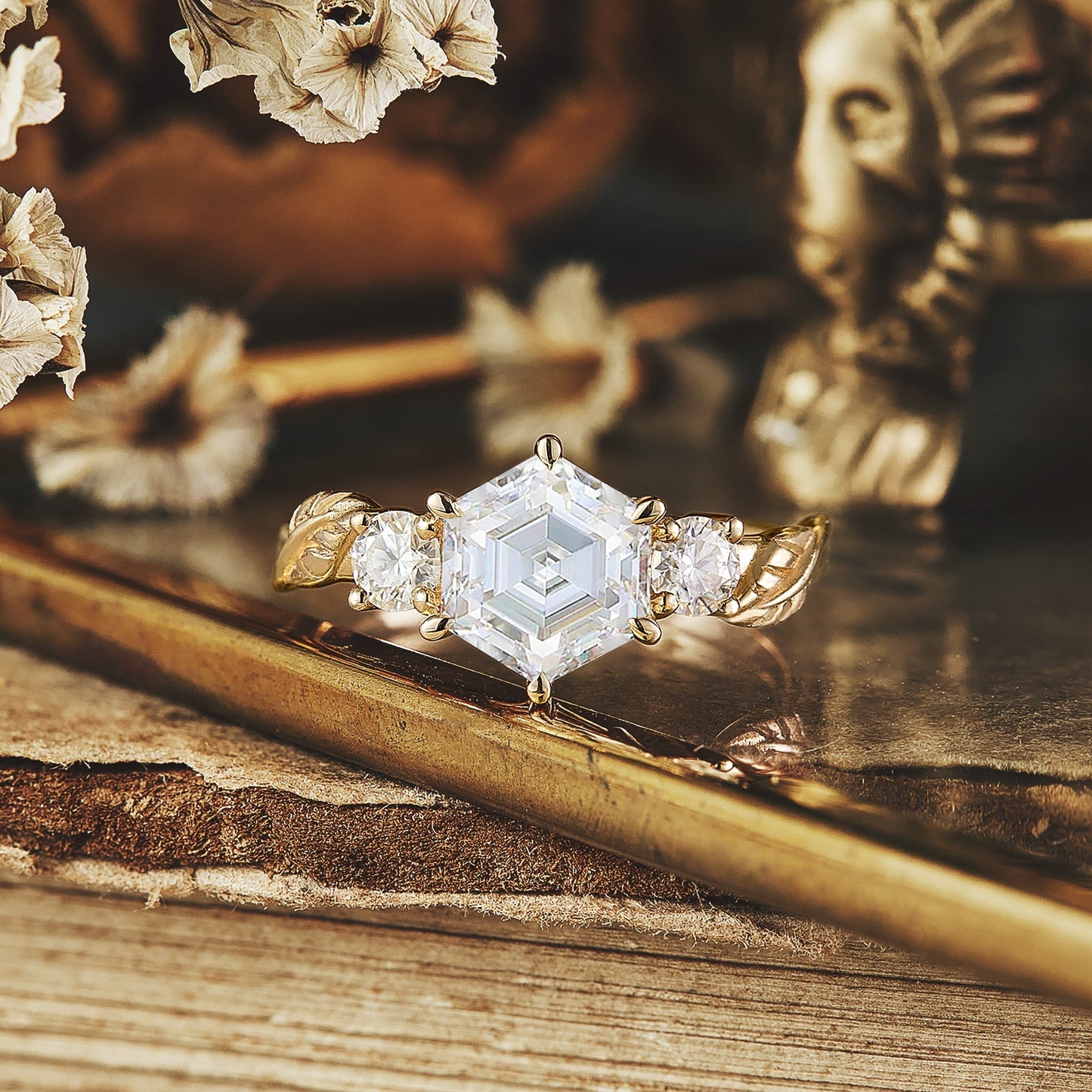 1.50 Carat Moissanite Diamond Hexagon Shape Vintage Engagement Ring