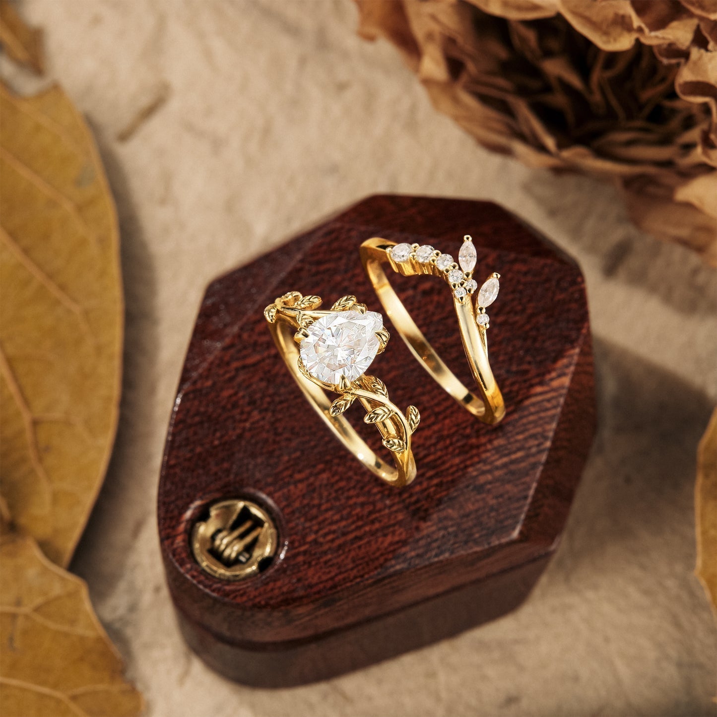 Pear shaped moissanite diamond bridal set with vintage setting