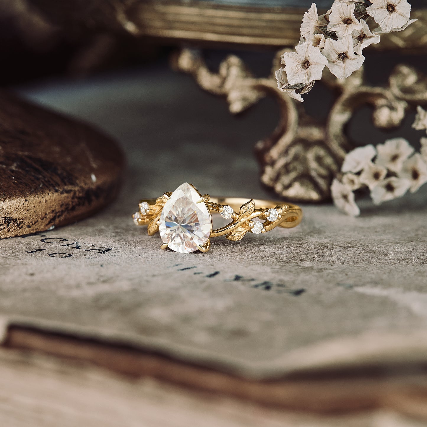 Pear moissanite diamond vintage engagement ring