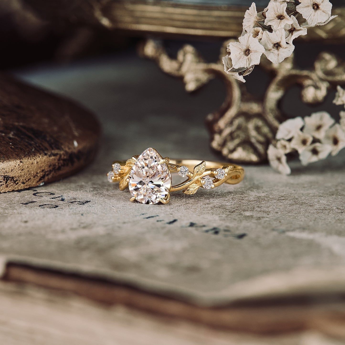 Pear shaped moissanite diamond vintage engagement ring