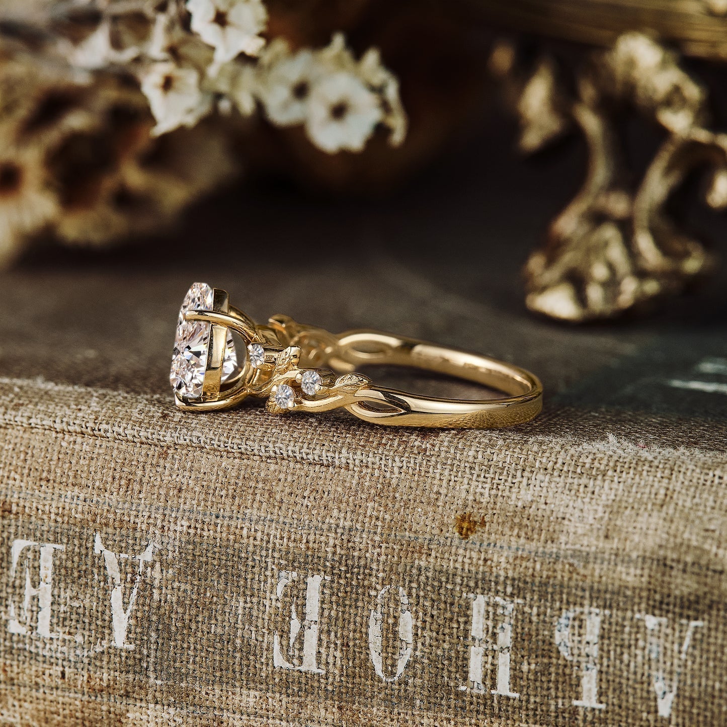 Pear shaped moissanite diamond vintage engagement ring