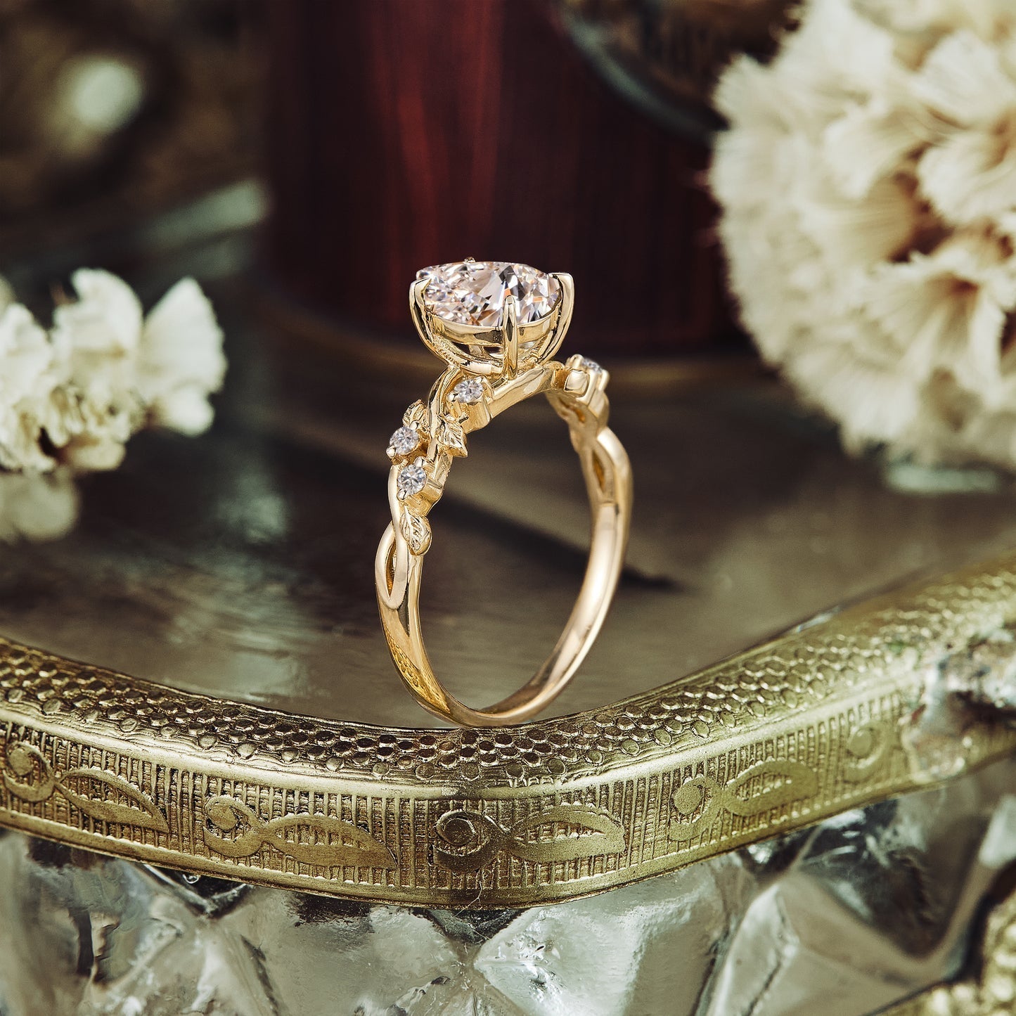 Pear shaped moissanite diamond vintage engagement ring