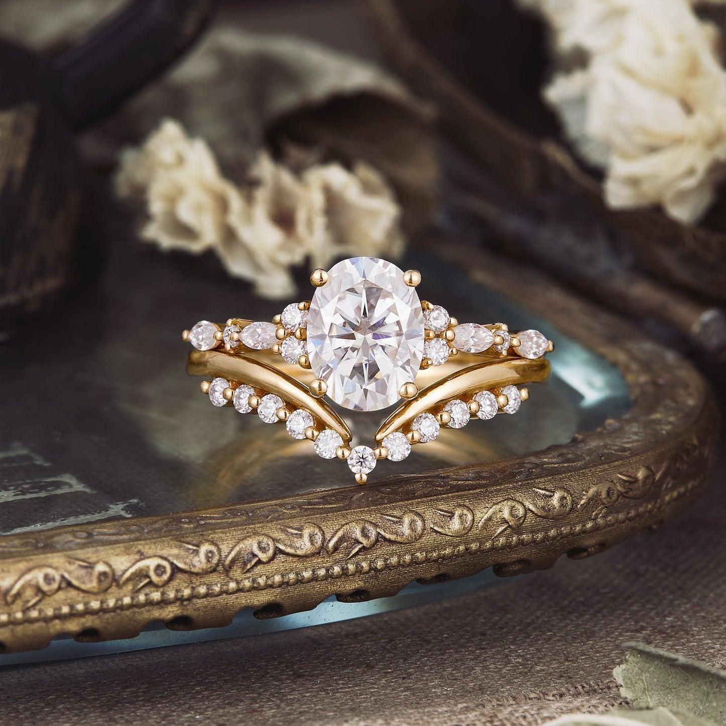 1.32 CT Oval Shaped Moissanite Diamond Bridal Set With Cluster Setting