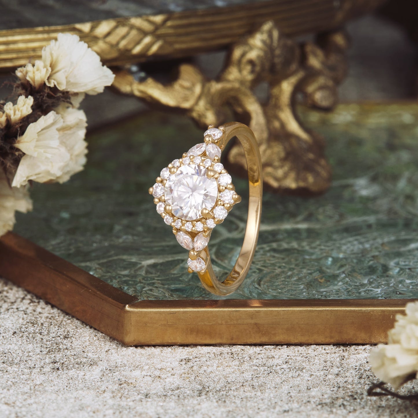 0.8 CT Carat Moissanite Diamond Round Shape Cluster Engagement Ring