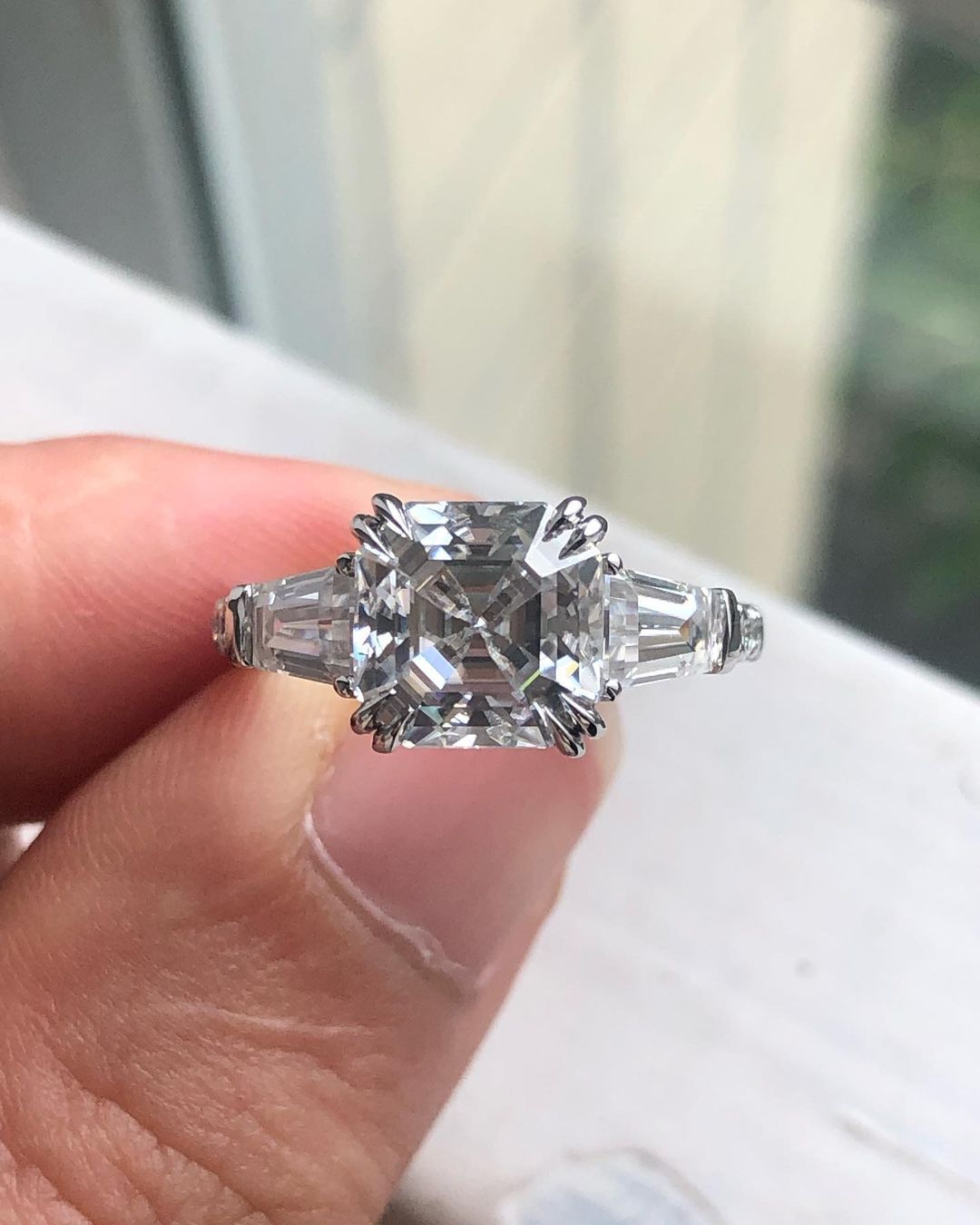 Three Stones Ring with 2.03 CT Asscher Cut Moissanite
