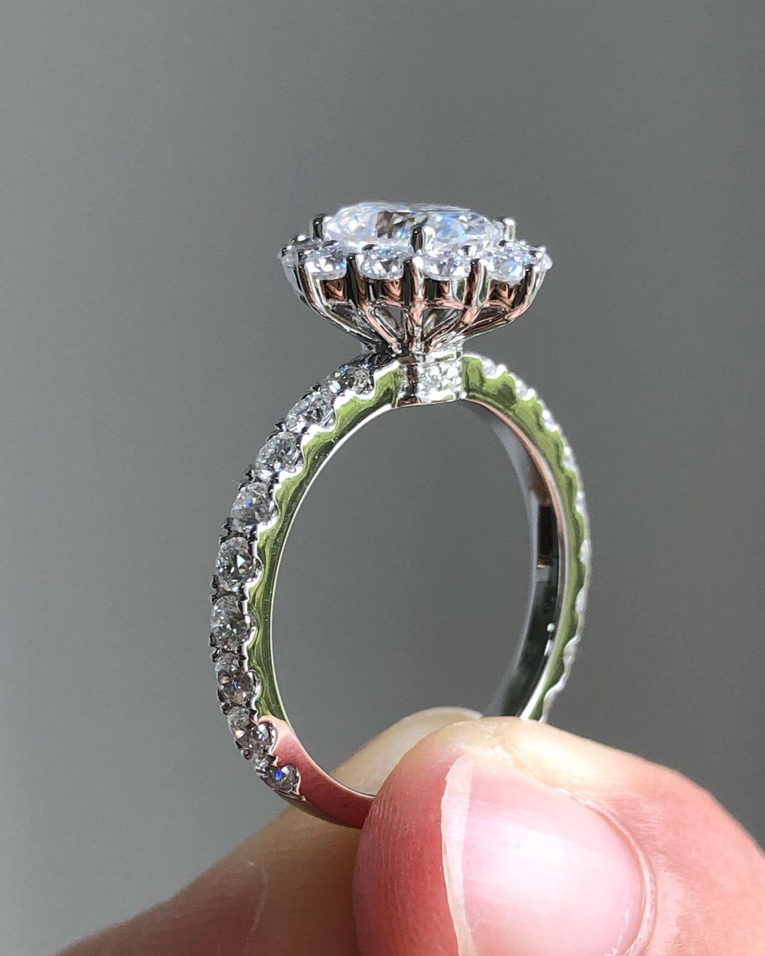 Halo & Pave Ring with 0.85 CT Oval Cut Moissanite