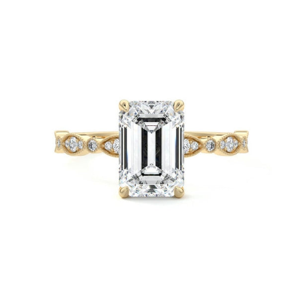 Pave Ring with 1.20 CT Emerald Cut Moissanite