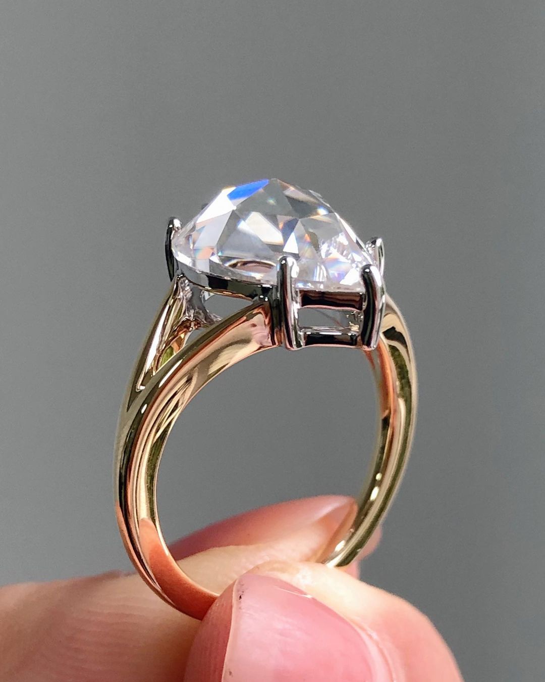 Solitaire Split Shank Style Ring with 1.50 CT Pear Rose Cut Moissanite