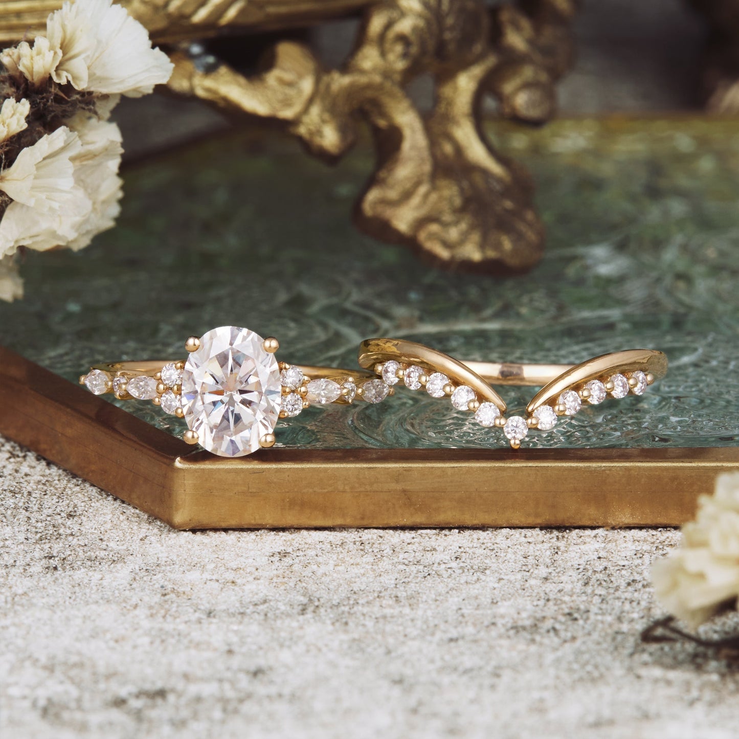 1.32 CT Oval Shaped Moissanite Diamond Bridal Set With Cluster Setting