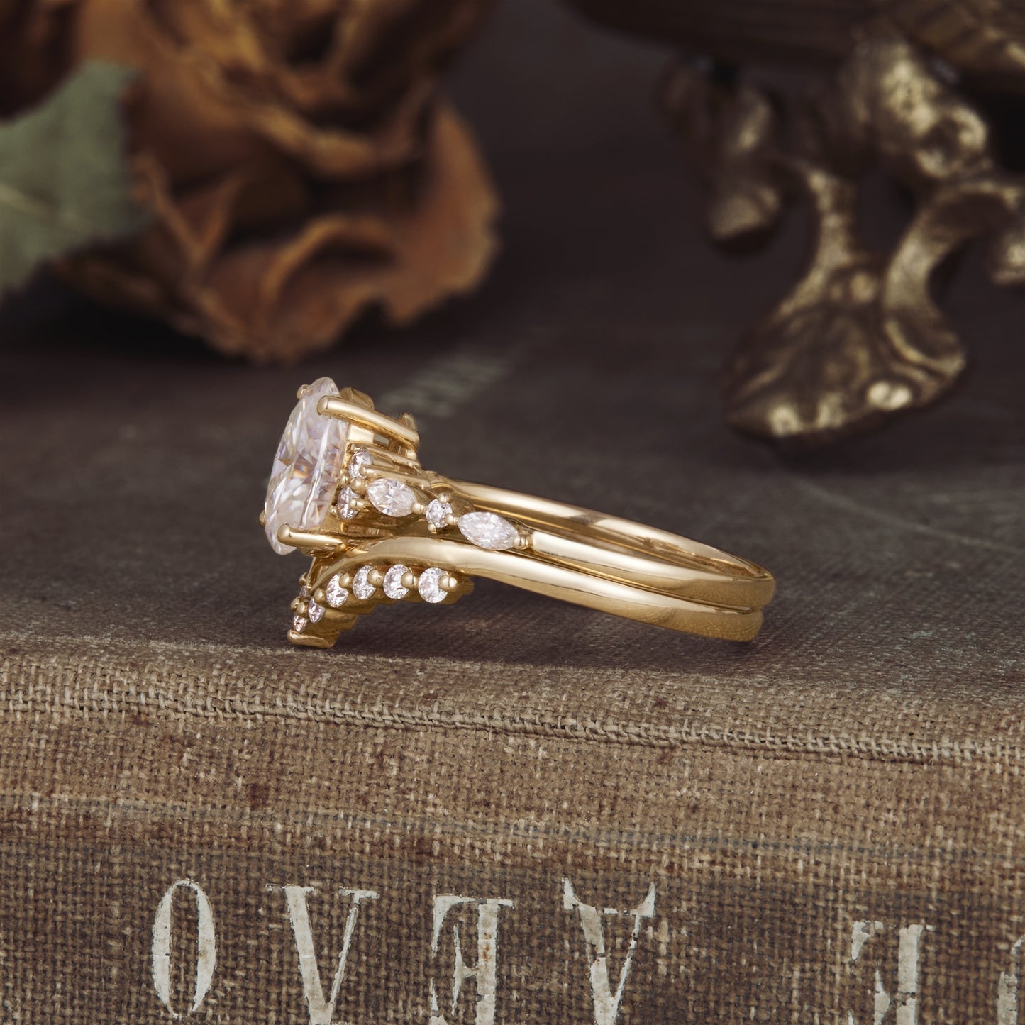 Oval moissanite diamond bridal set with cluster setting