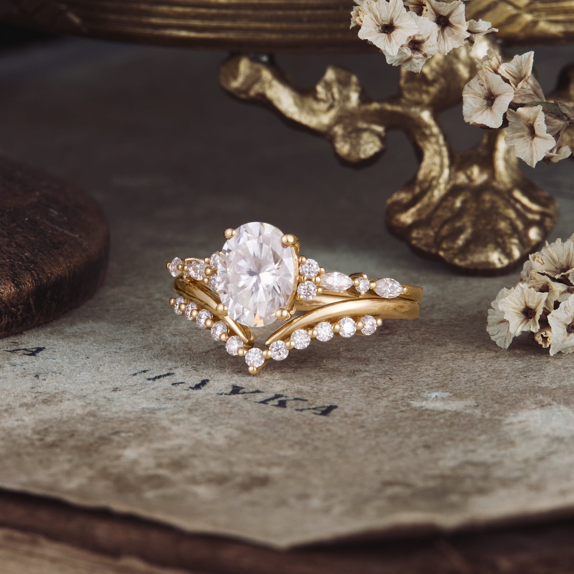 Oval moissanite diamond bridal set with cluster setting