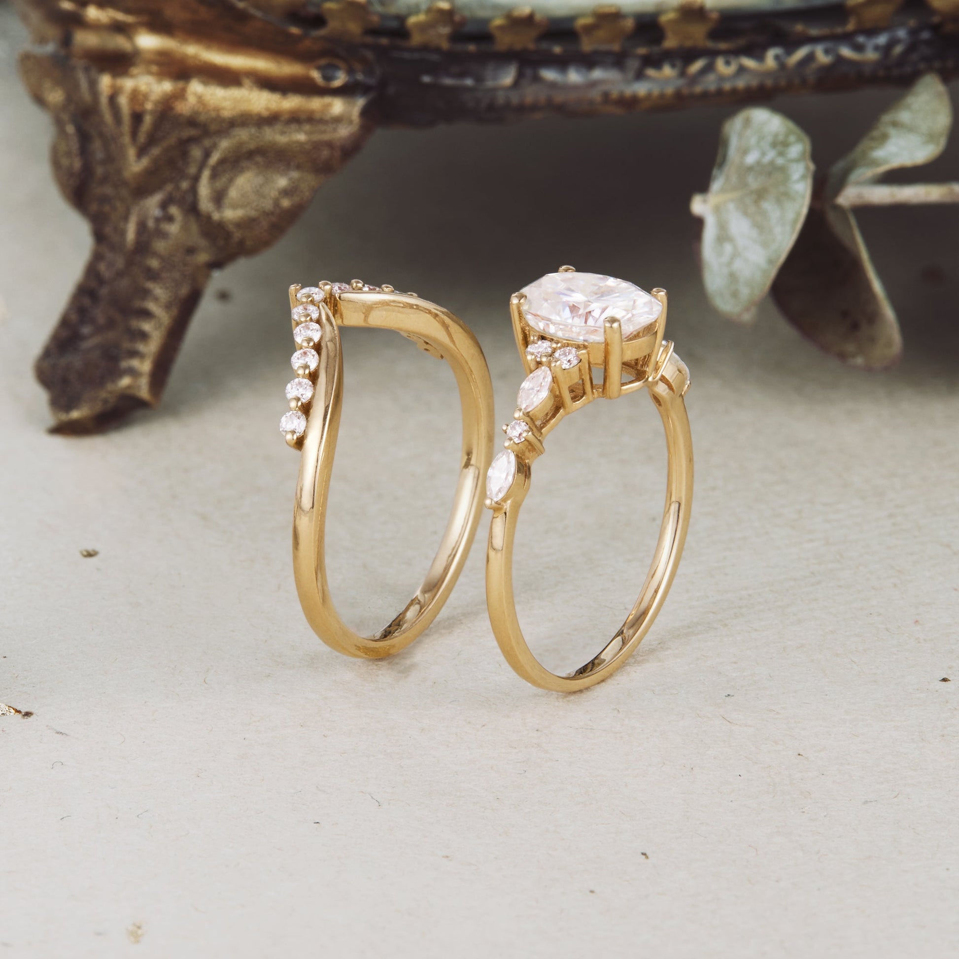 Oval moissanite diamond bridal set with cluster setting