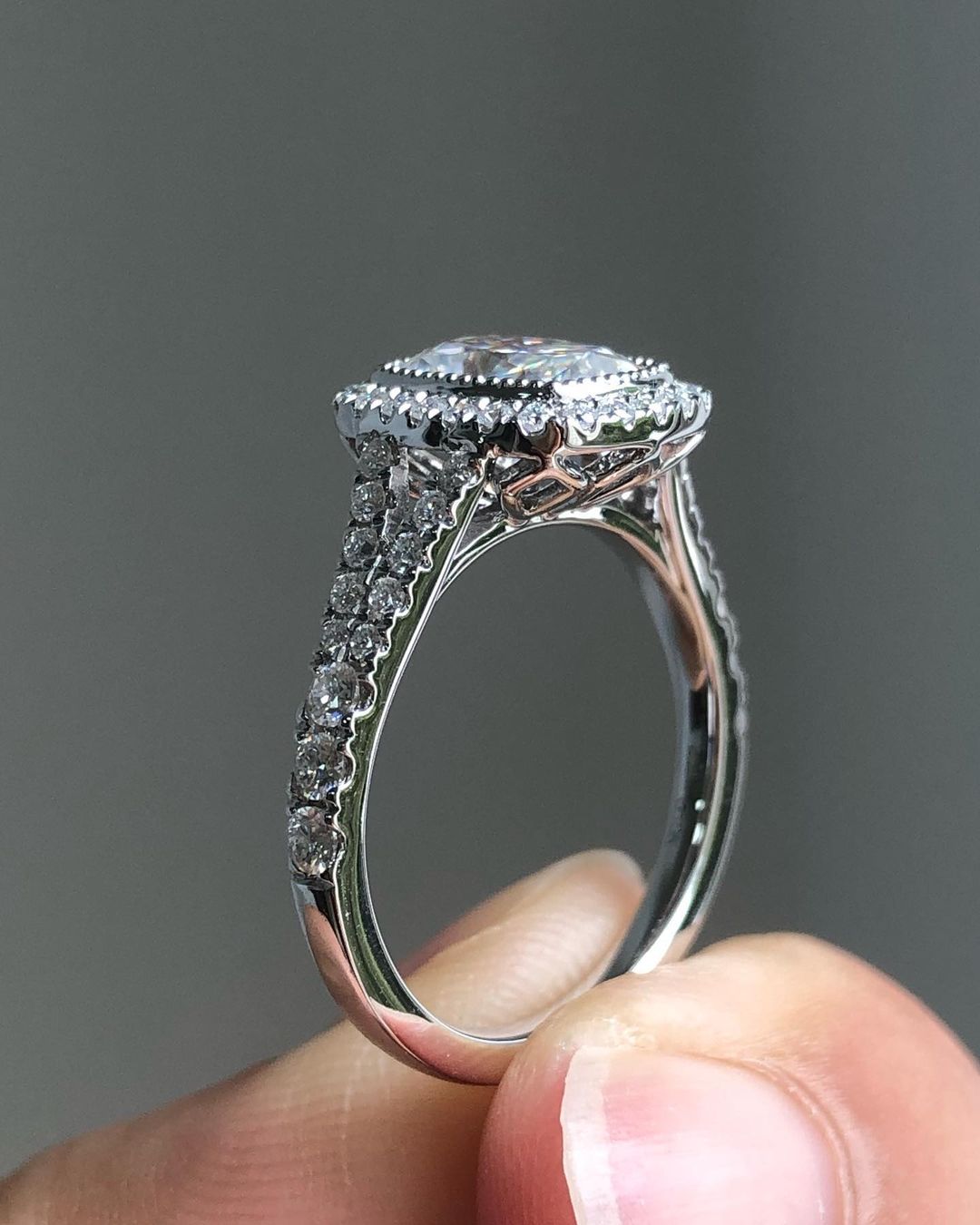 Halo & Split Shank Style Ring with 2.66 CT Crushed Ice Elongated Cushion Cut Moissanite