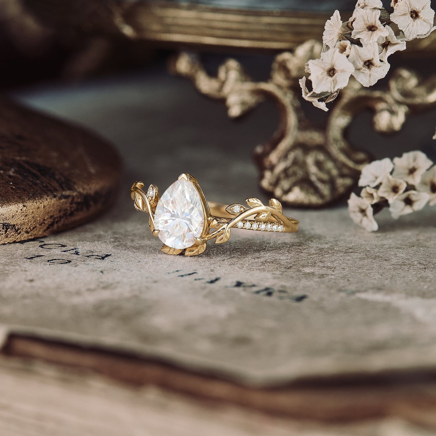 1.25 CT Carat Pear Shape Moissanite diamond Vintage Engagement Ring