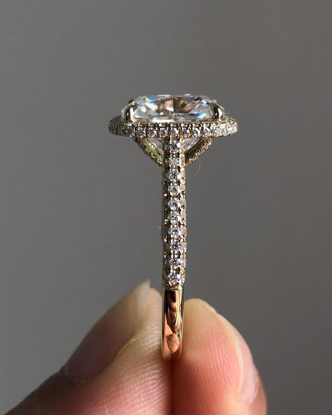 Halo & Triple Pave Ring with 2.66 CT Elongated Cushion Cut Moissanite