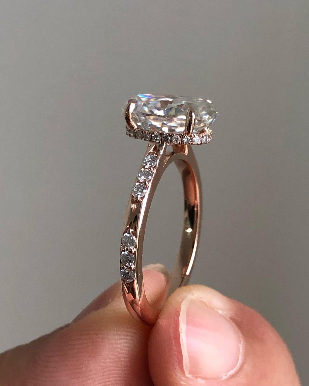 Hidden Halo & Pave Ring with 2.10 CT Oval Cut Moissanite