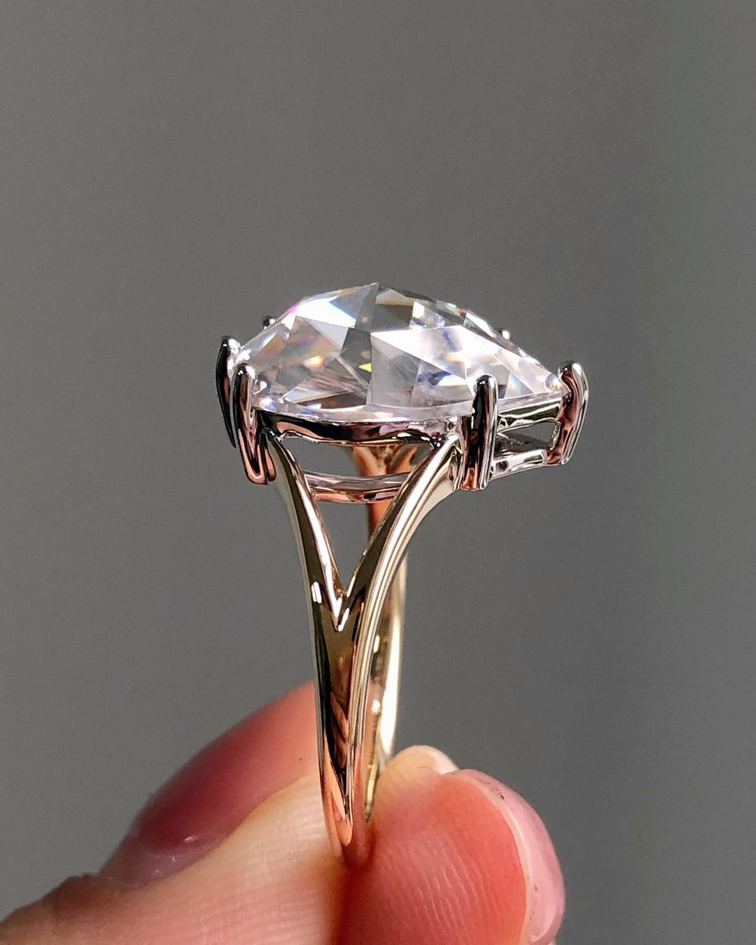 Solitaire Split Shank Style Ring with 1.50 CT Pear Rose Cut Moissanite