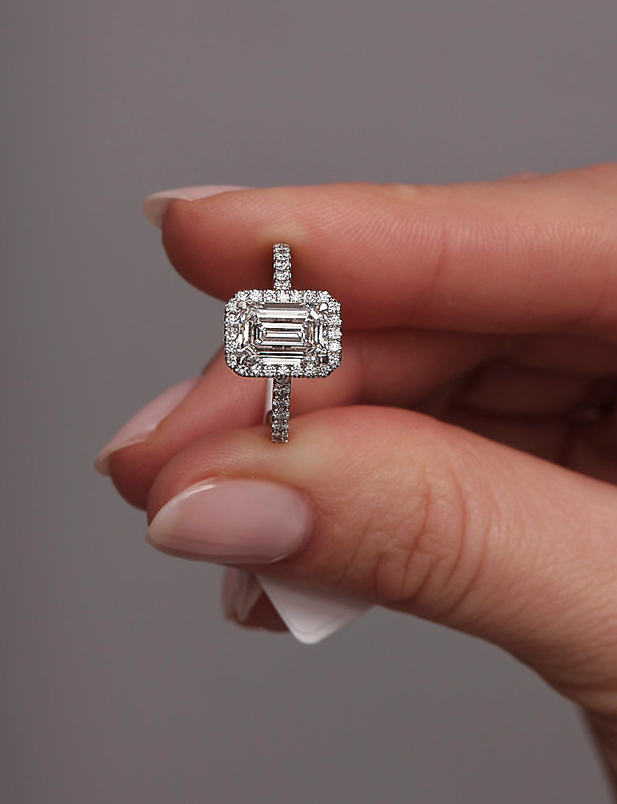 Halo Ring with 2.0 CT Emerald Cut Moissanite