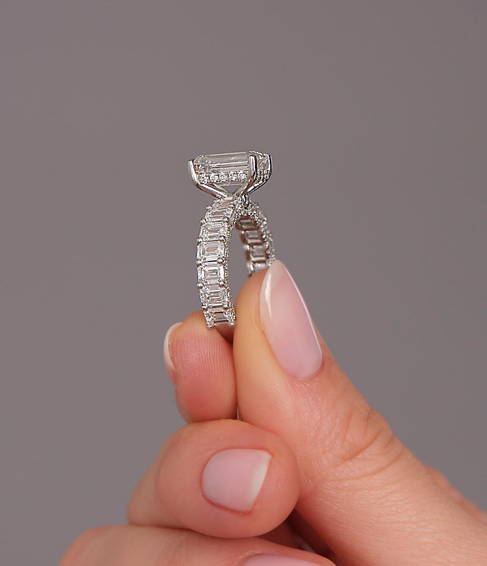 Pave Setting Ring with 3.40 CT Emerald Cut Moissanite