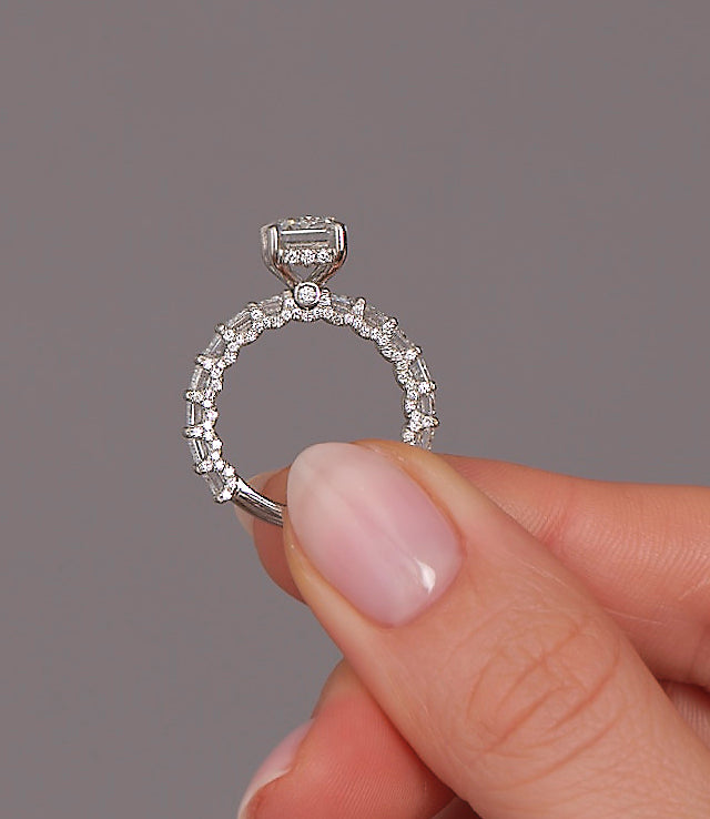 Pave Setting Ring with 3.40 CT Emerald Cut Moissanite