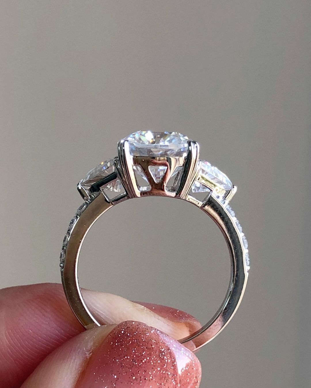 Three Stones & Pave Ring with 4.0 CT Elongated Cushion Cut Moissanite