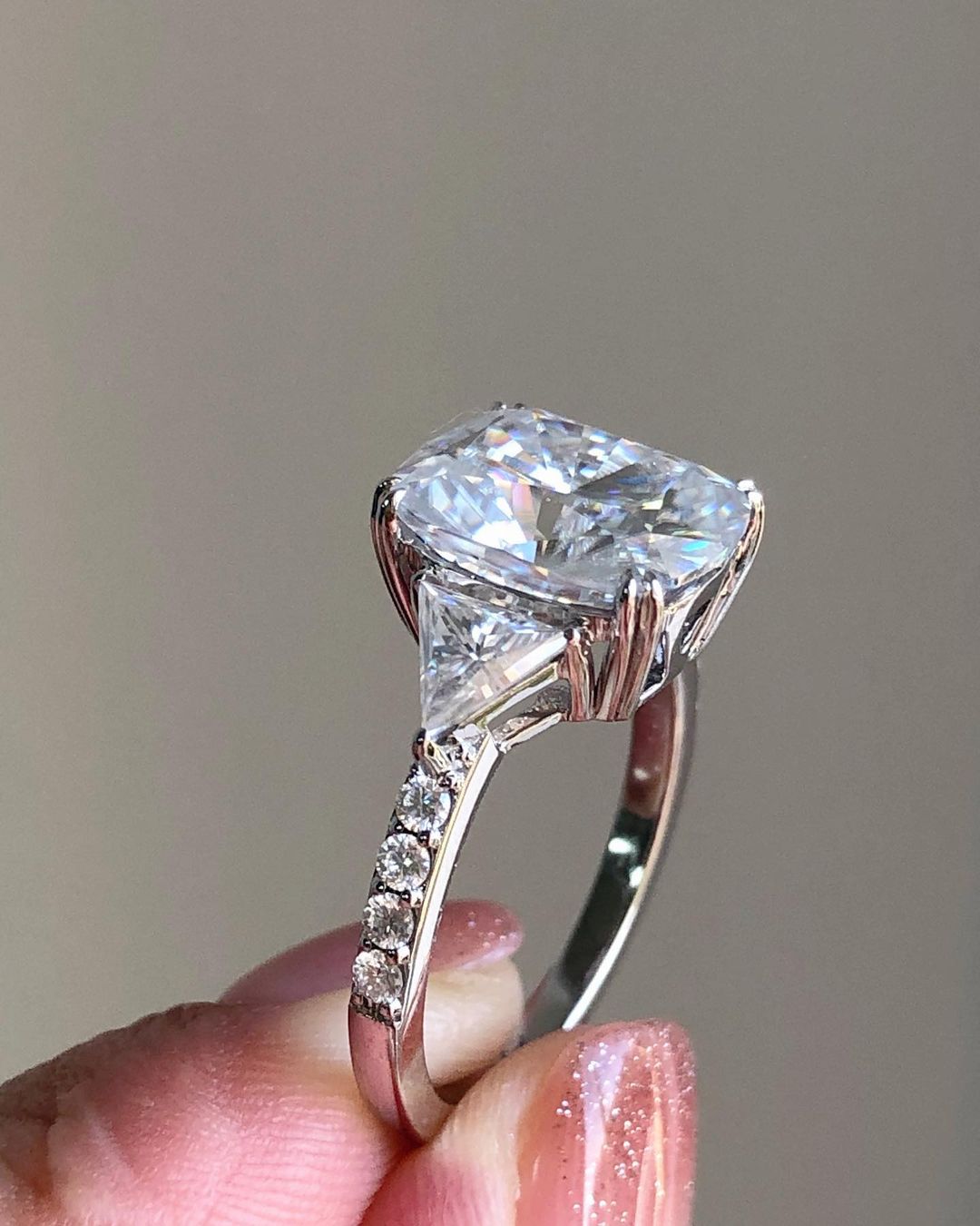 Three Stones & Pave Ring with 4.0 CT Elongated Cushion Cut Moissanite