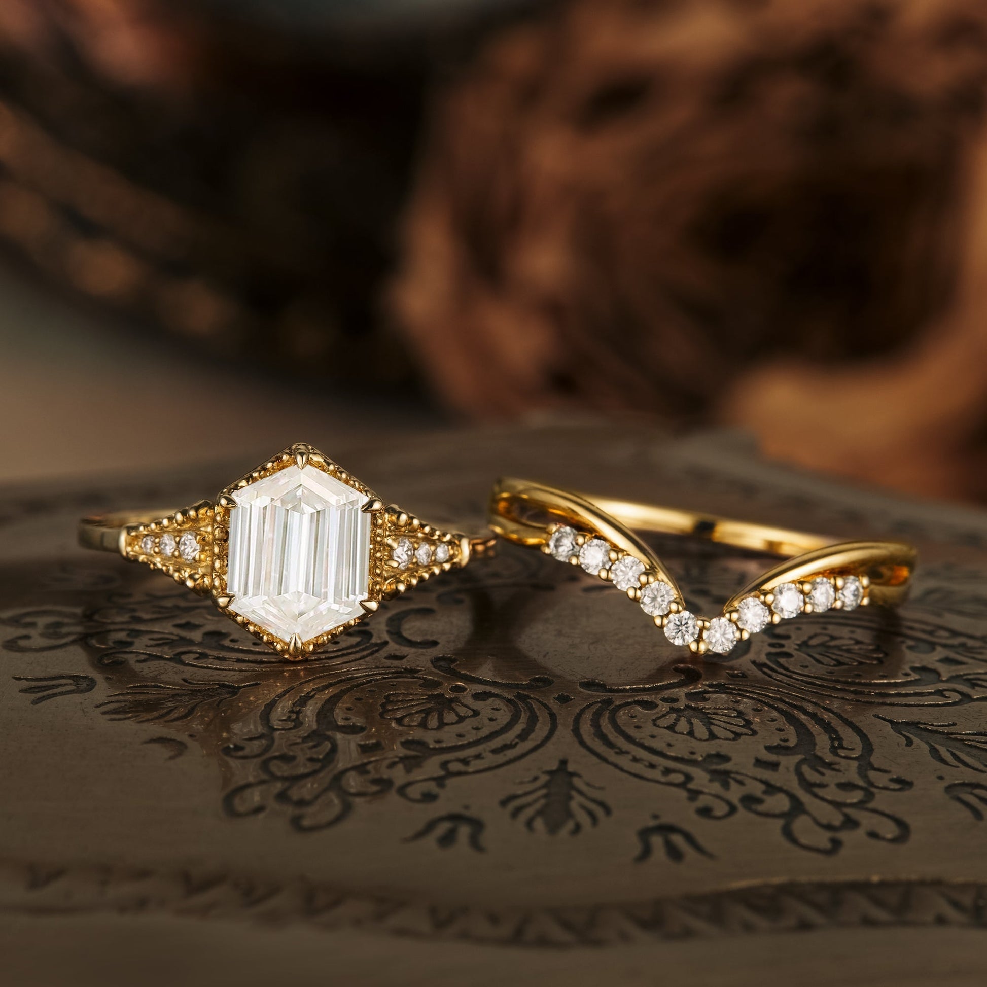 Hexagon moissanite diamond bridal set in vintage-inspired setting