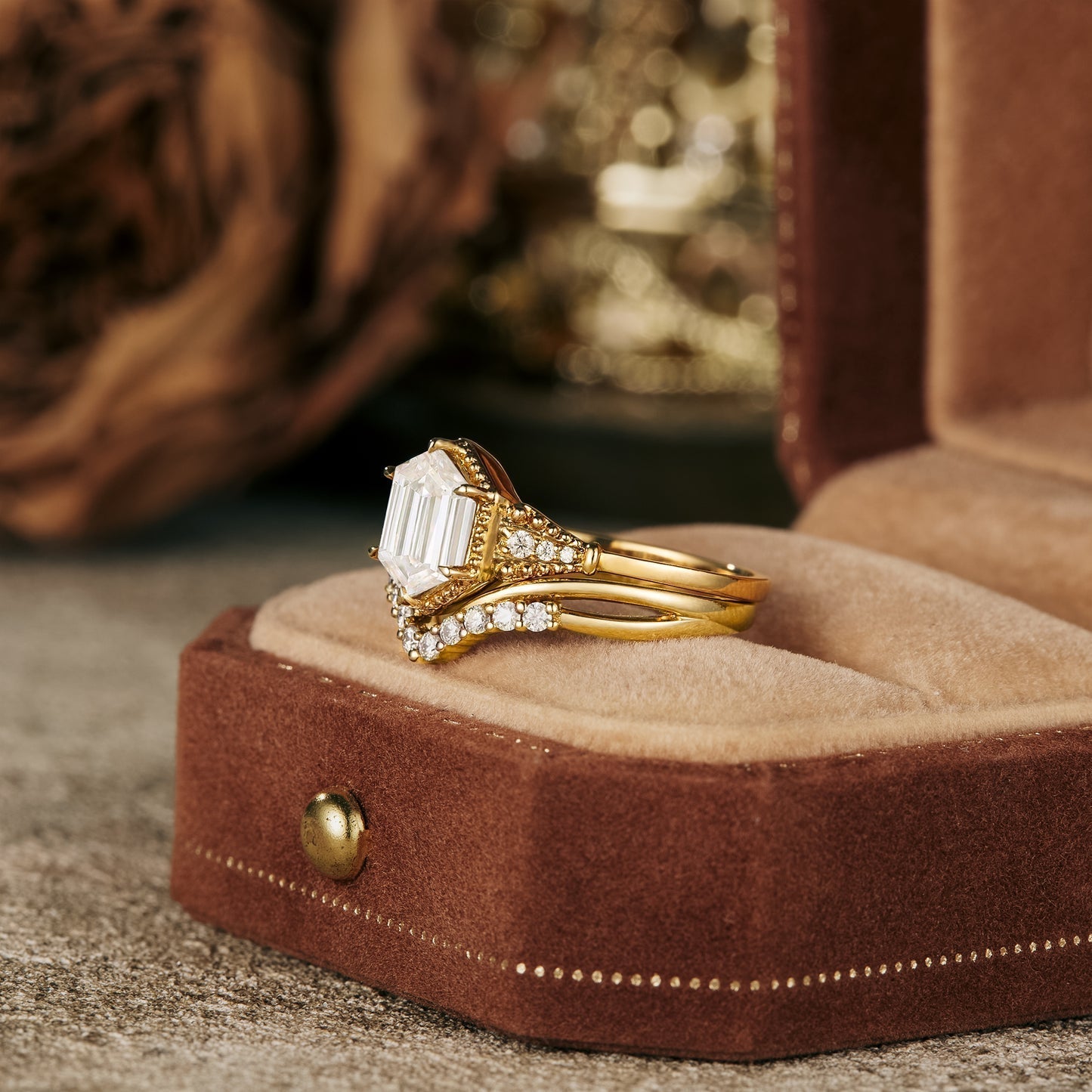 Hexagon moissanite diamond bridal set in vintage-inspired setting