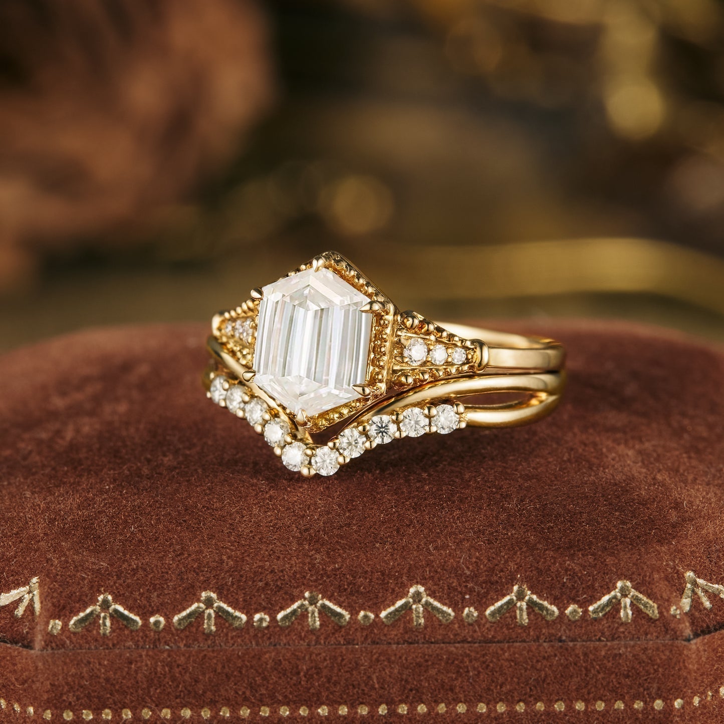 Hexagon moissanite diamond bridal set in vintage-inspired setting