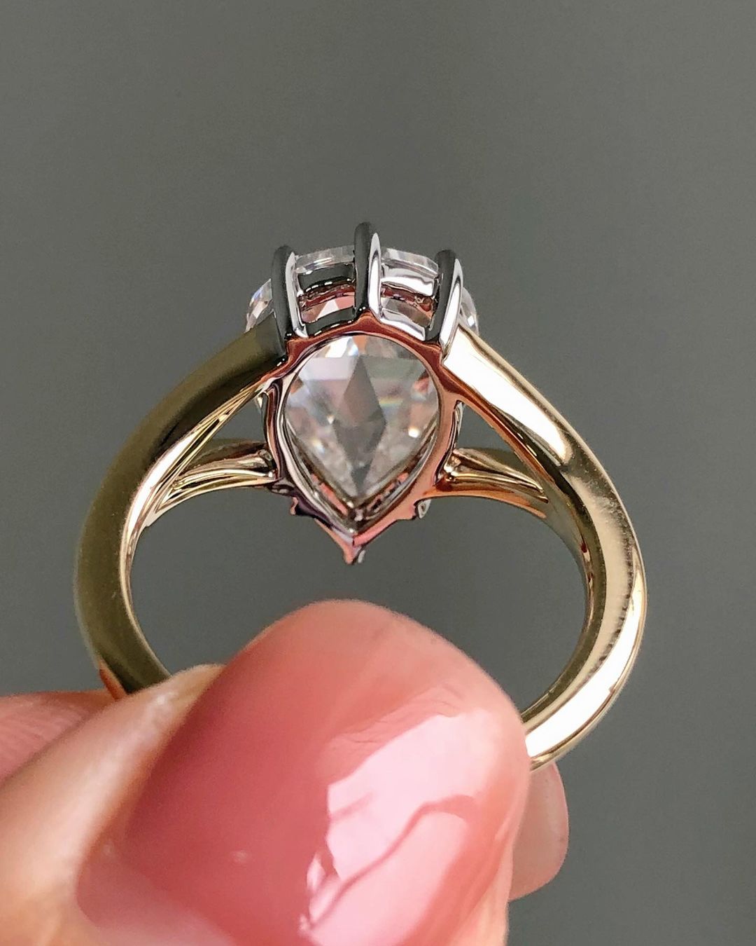 Solitaire Split Shank Style Ring with 1.50 CT Pear Rose Cut Moissanite