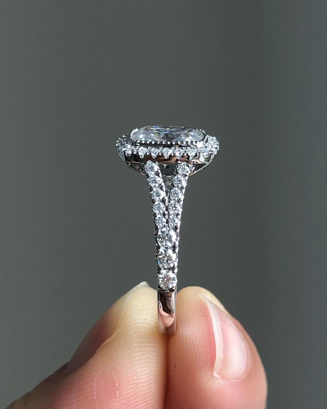 Halo & Split Shank Style Ring with 2.66 CT Crushed Ice Elongated Cushion Cut Moissanite