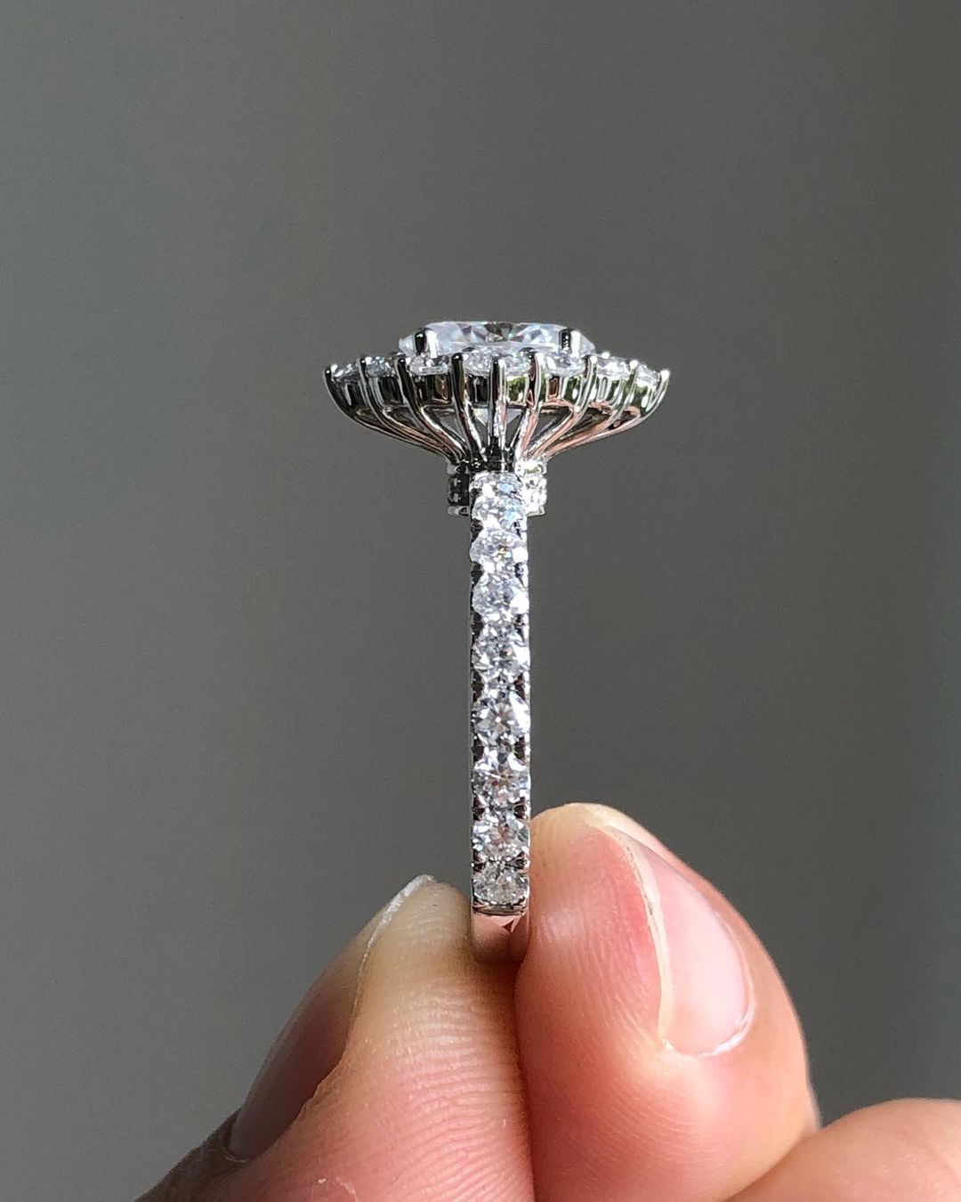 Halo & Pave Ring with 0.85 CT Oval Cut Moissanite
