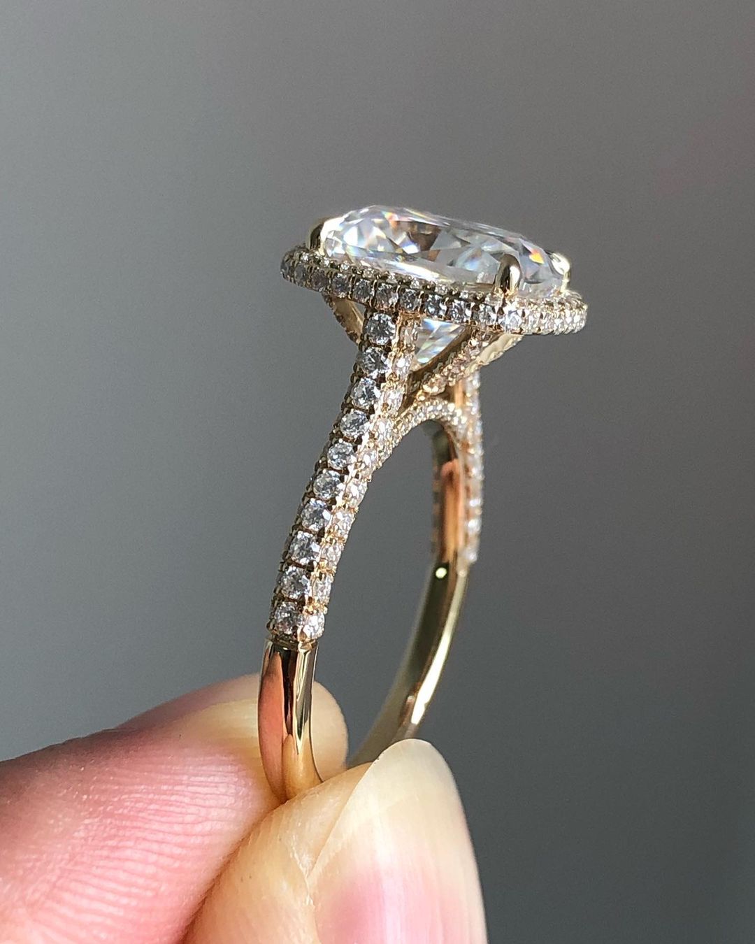 Halo & Triple Pave Ring with 2.66 CT Elongated Cushion Cut Moissanite