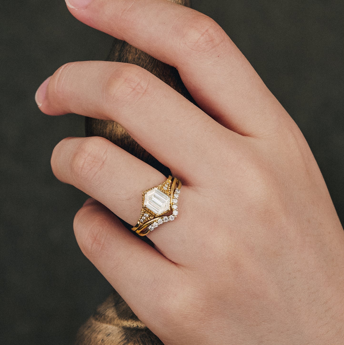 Hexagon moissanite diamond bridal set in vintage-inspired setting