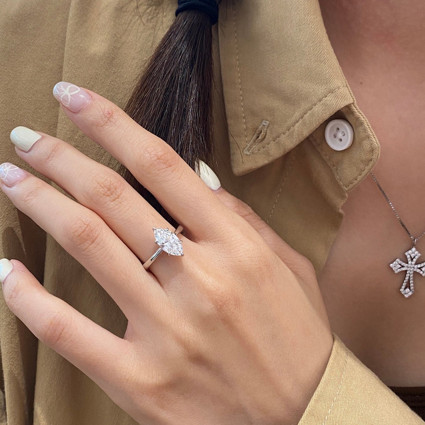 Marquise cut CVD diamond solitaire engagement ring