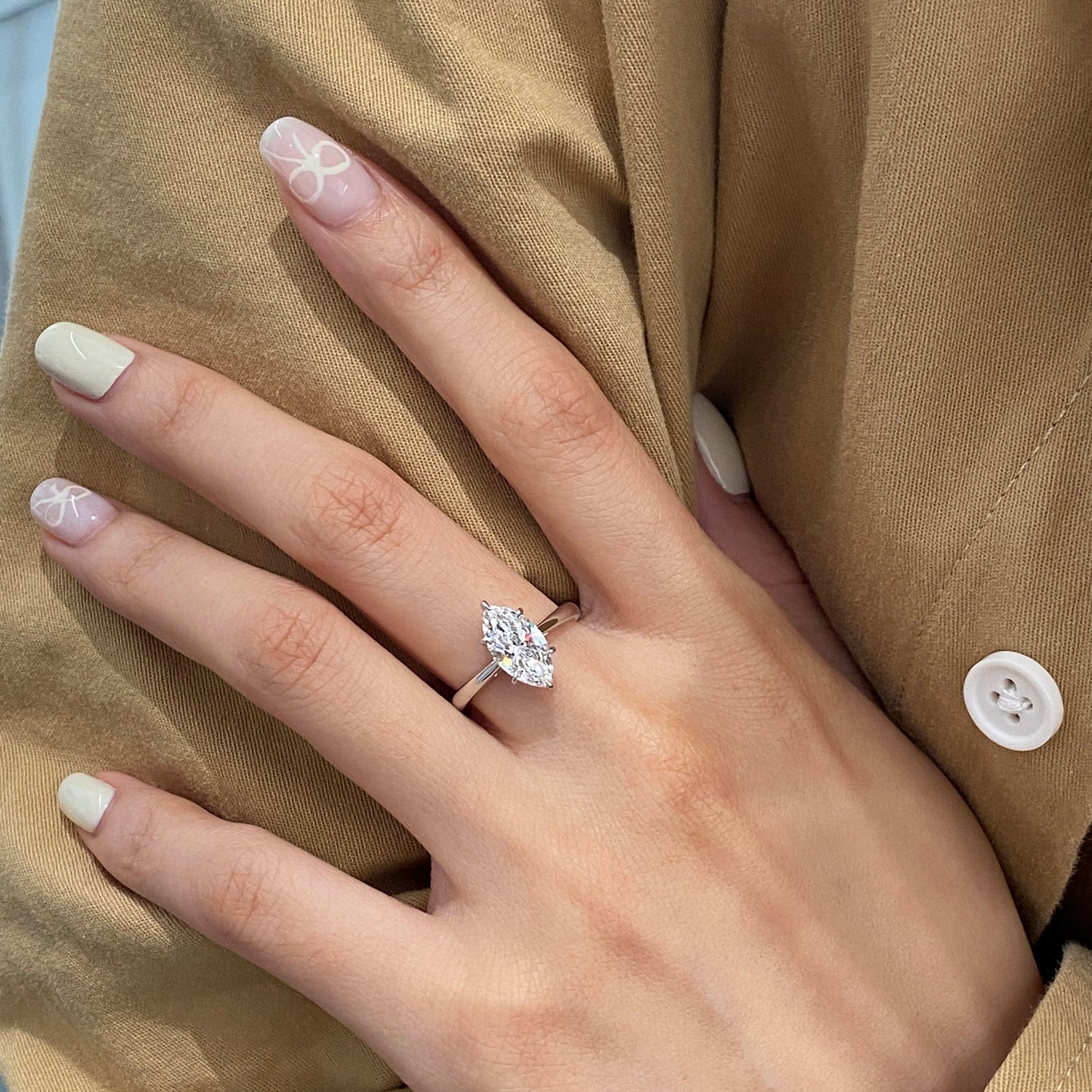 Marquise cut CVD diamond solitaire engagement ring
