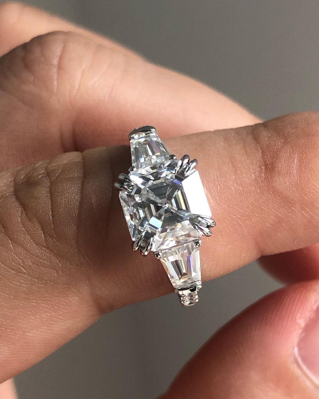 Three Stones Ring with 2.03 CT Asscher Cut Moissanite