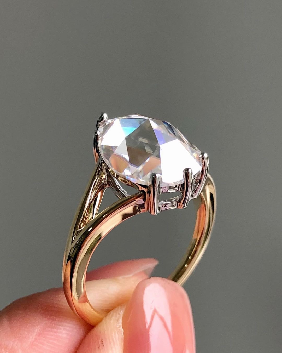 Solitaire Split Shank Style Ring with 1.50 CT Pear Rose Cut Moissanite