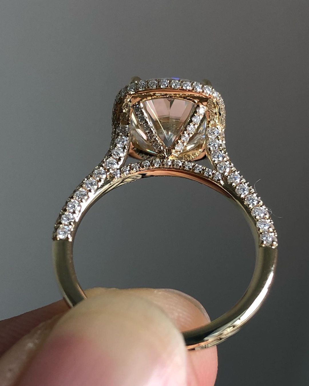 Halo & Triple Pave Ring with 2.66 CT Elongated Cushion Cut Moissanite