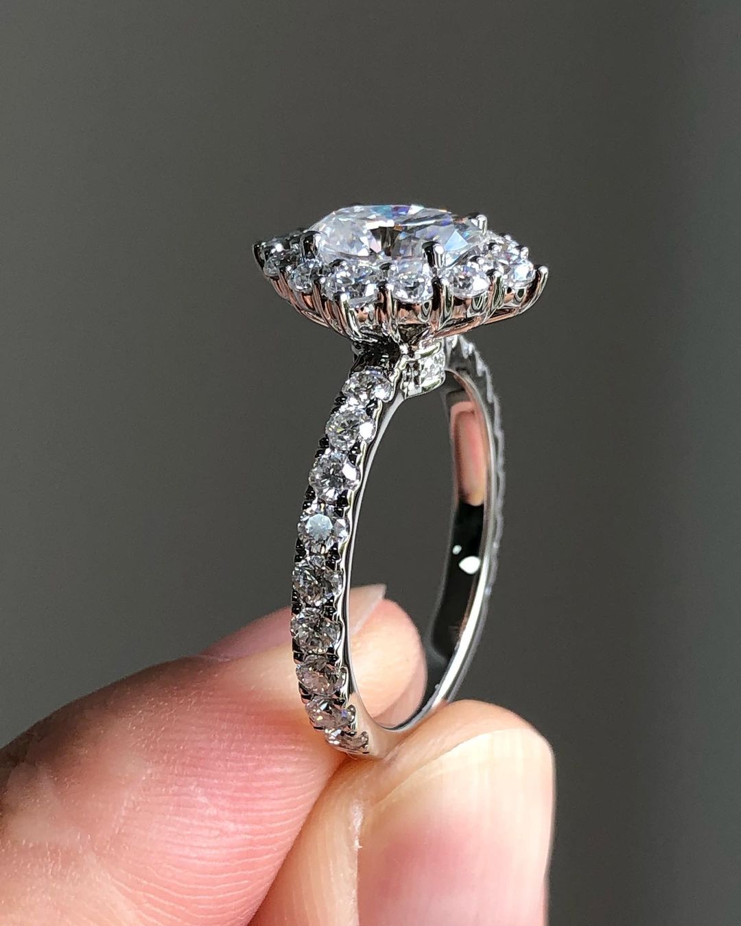 Halo & Pave Ring with 0.85 CT Oval Cut Moissanite
