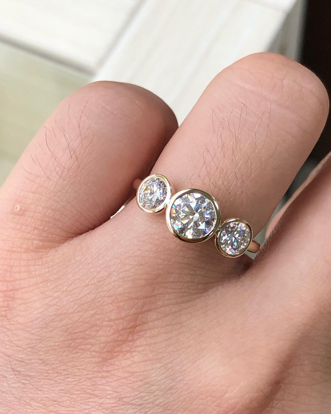 Bezel Three Stones Ring with 1.0 CT Round Cut Moissanite