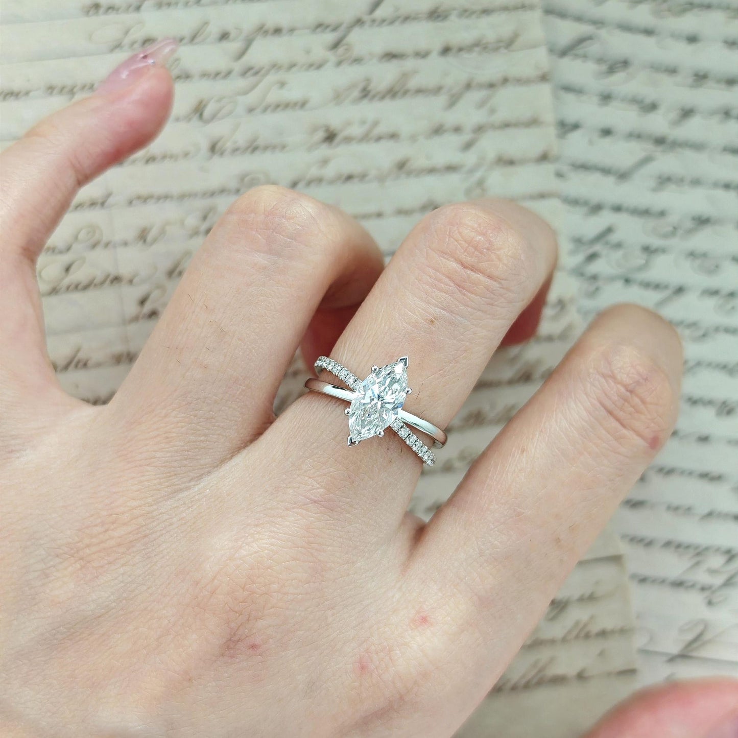 Marquise CVD diamond split shank engagement ring