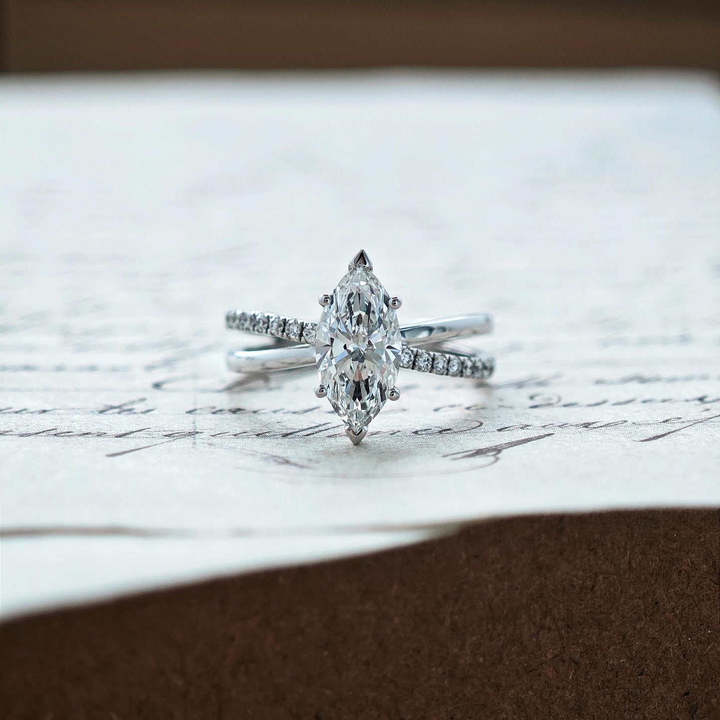 Marquise CVD diamond split shank engagement ring