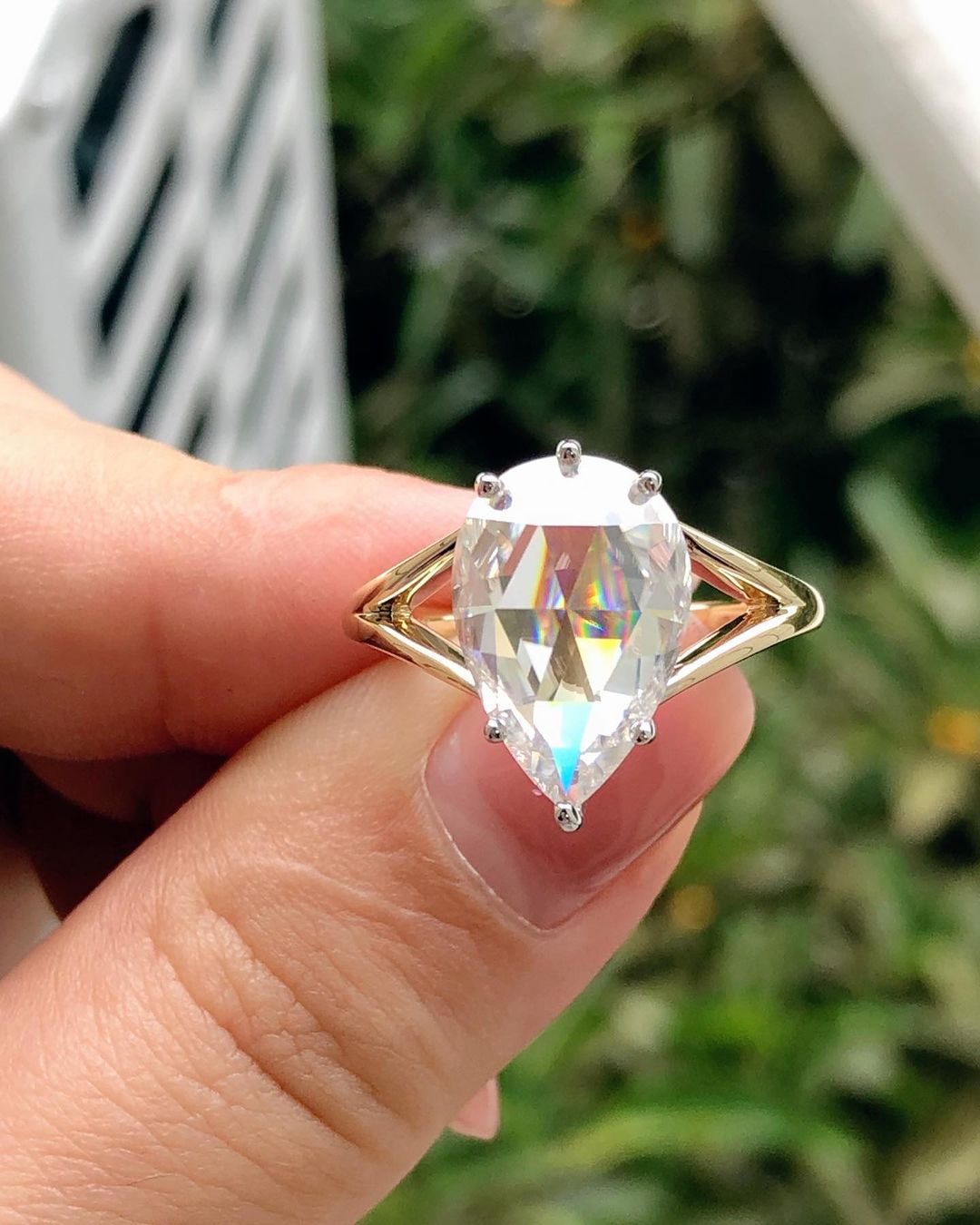 Solitaire Split Shank Style Ring with 1.50 CT Pear Rose Cut Moissanite