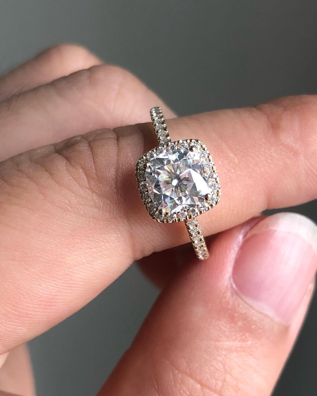 Halo & Pave Ring with 1.17 CT Cushion Cut Moissanite